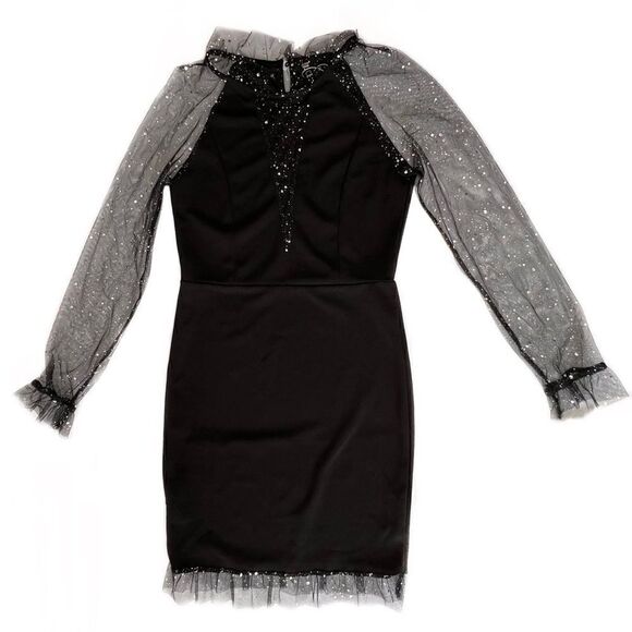 NWT CBR Black Long Sleeve Tulle Silver Paint Splatter Spackle Ruffle Dress S - Picture 1 of 5